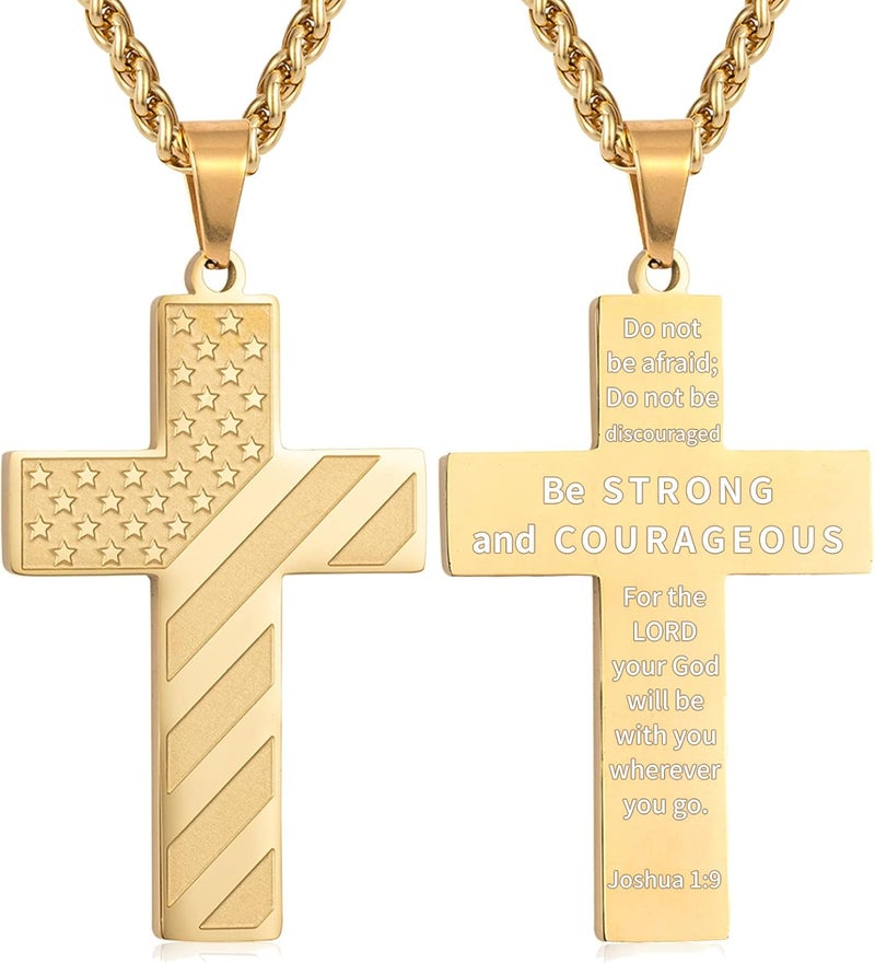 DuoDiner Valentines Day Gifts for Him -18+2 Inch Cross Necklace Bible Verse Stainless Steel American Flag Pendant Chain for Men Boys Cross Jewelry Gift - Image 1